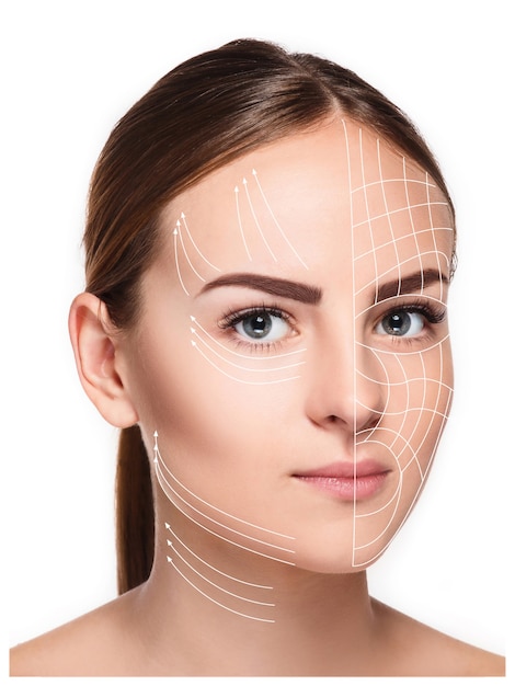 The young female with clean fresh skin, antiaging and thread lifting concept
