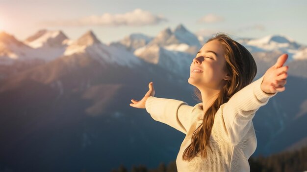 写真 山の美しい景色を楽しんでいる腕を開けた若い女性