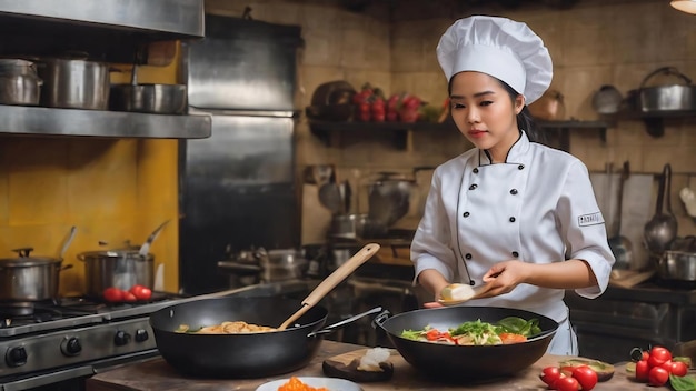 Young filipina chef holding pan by handle trying to listening a gossip