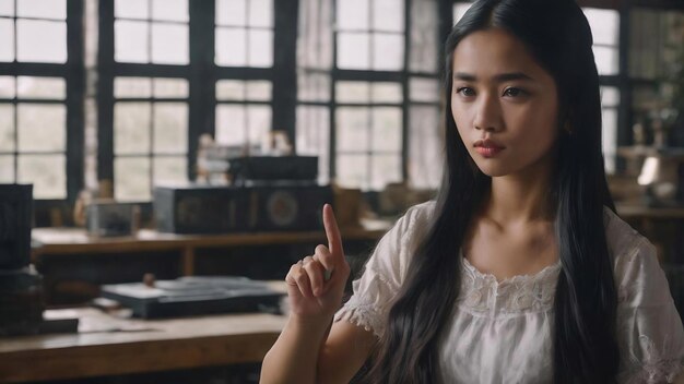 Young filipina with long black hair in studio pointing temple with finger thinking focused on a task