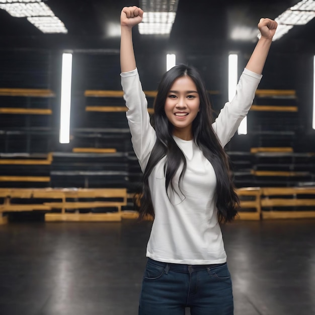 Young filipina with long black hair in studio raising fist after a victory winner concept