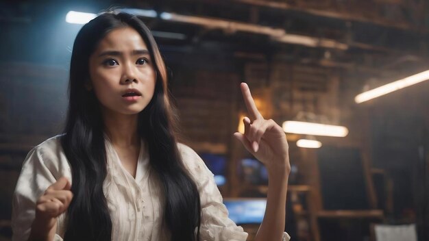 Young filipina with long black hair in studio shocked pointing with index fingers to a copy space