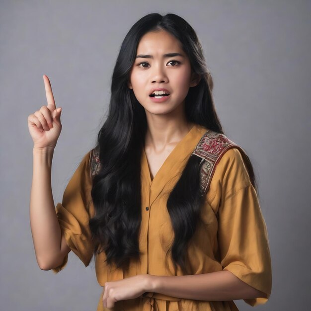Молодая филиппинка с длинными черными волосами в студии шокирована, указывая указательным пальцем на место для копирования.