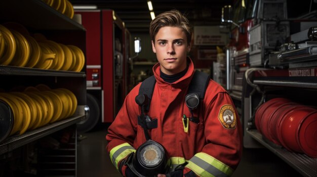 Young firefighter in training vibrant fire station backdrop