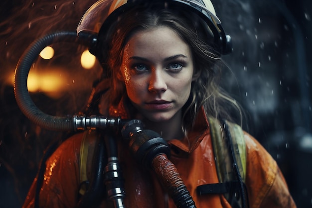 Young Firefighter in Uniform with Hose Generative ai