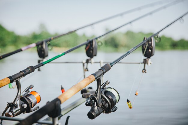 Young fisherman fishing on lake or river. Picture of three rods with full equipments during fishing time. No people beside. Reel and lure. Sunny beautiful day.