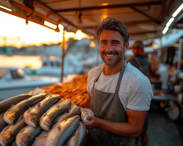 Молодой рыботорговец с рынком свежей рыбы Здоровая концепция морепродуктов для дизайна и образа жизни