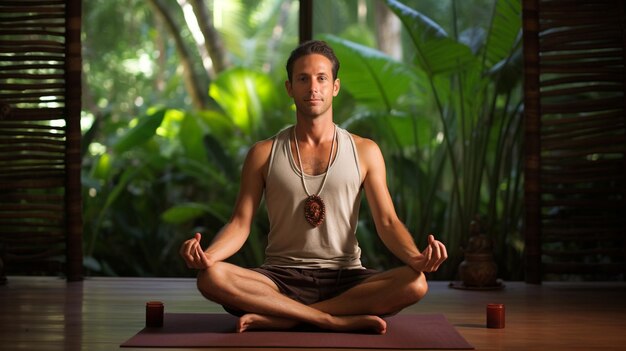 young and fit man doing meditation in the gym