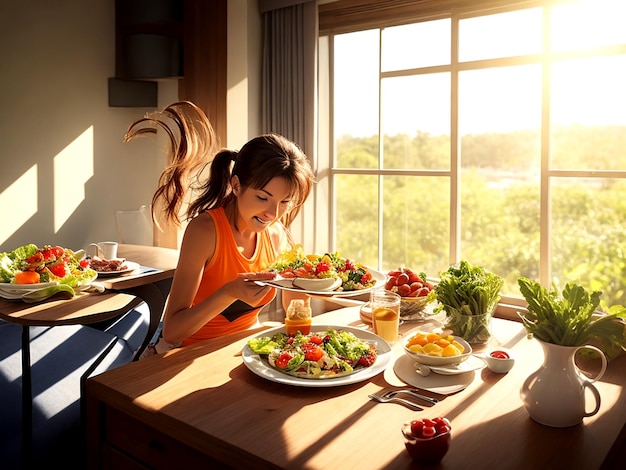 A young fit woman with a ponytail savors a colorful salad AI_Generated