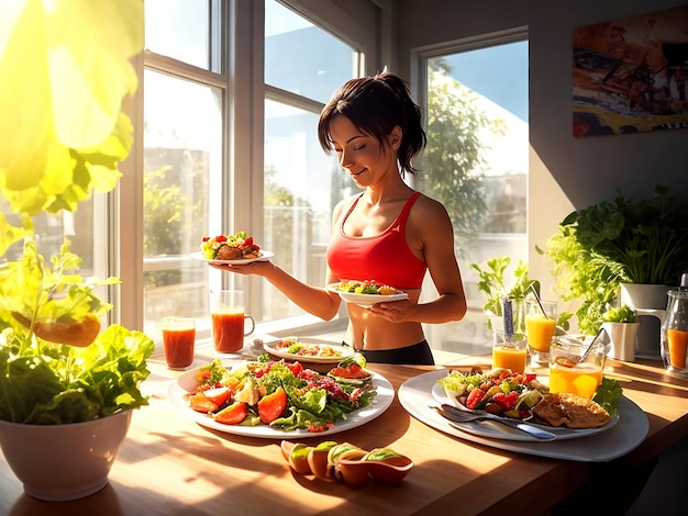 A young fit woman with a ponytail savors a colorful salad AI_Generated