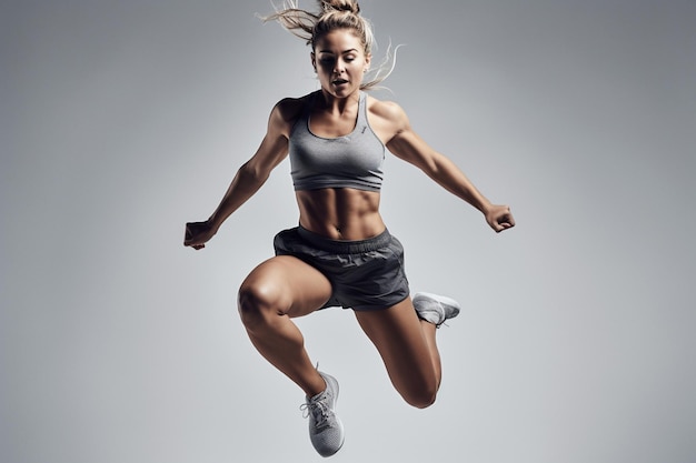 회색 배경에서 점프하고 달리는 젊은 피트니스 여성