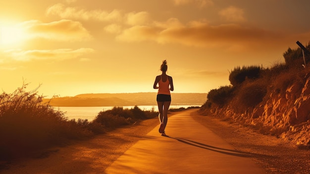 해가 뜨는 해변 경로에서 달리는 젊은 피트니스 여성