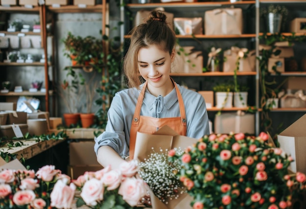 young florist arranging a colorful bouquet in a cozy flower shop