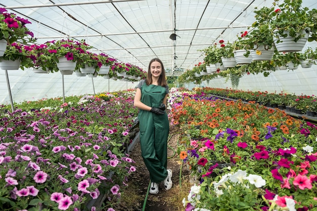 Young florist woman with uniform standing between flowers in greenhouse