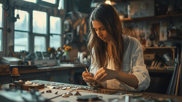 Foto giovane artista che lavora alla sua ultima collezione di gioielli nel suo studio.