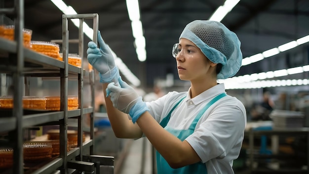 Young focused female worker in sterile clothes checking productivity of production line in food fac