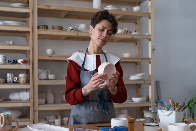 Young focused woman ceramic studio owner creating handcrafted pottery painting clay mug by hand