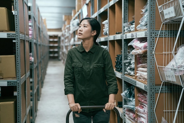 young focused woman worker pushing cart walking in walkway in stockroom. girl staff searching cardboard boxes on shelves in warehouse. storehouse employee prepare goods for delivery to customer