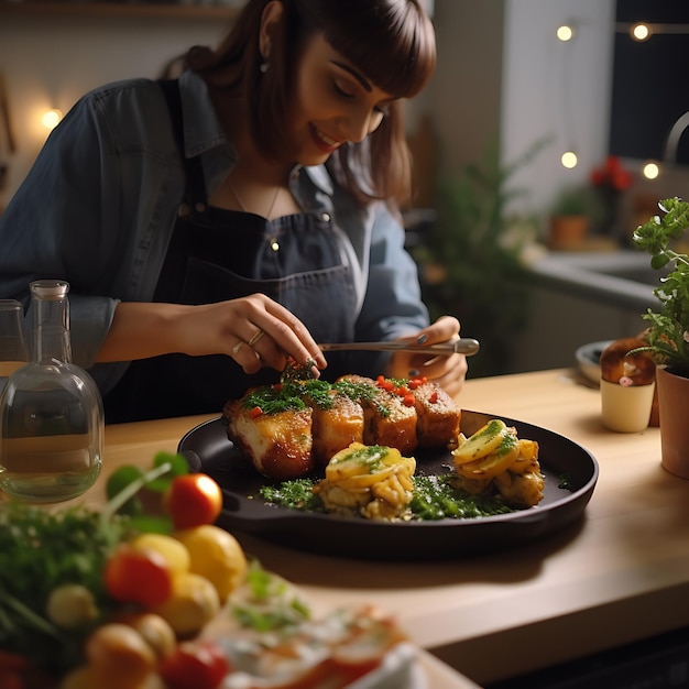 A young food influencer takes photos of her steak with potato gratin and vegetables