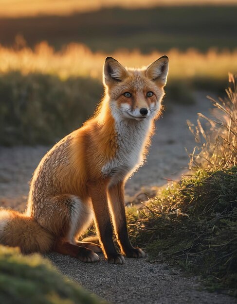 A young fox at sunset on the shingle