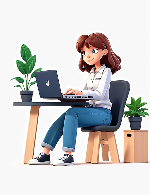 Young freelancer woman business project working at the laptop vector illustration in flat style