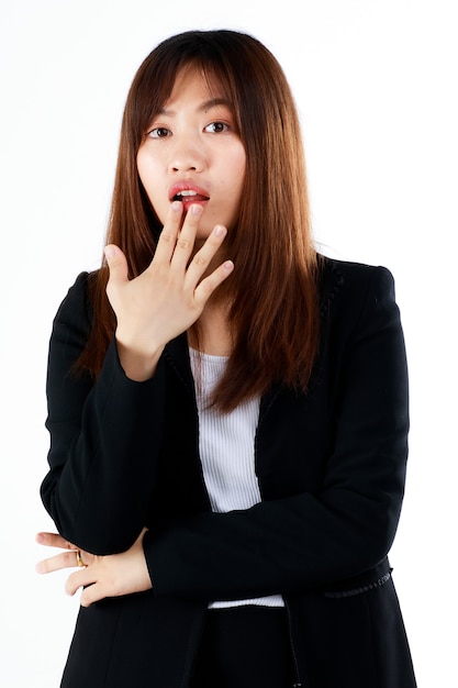 Young and fresh new graduated look Asian businesswoman in suit pose in gesture of excitement and surprise on white background.