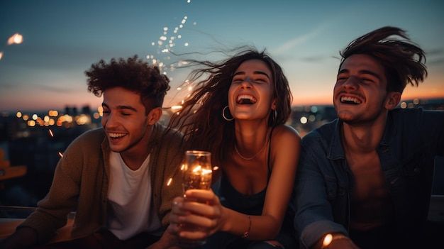 Photo young friends celebrating at the party on a roof top