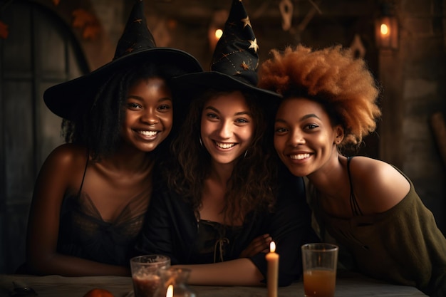 Молодые друзья одеты в страшный макияж и костюмы для тематической вечеринки Хэллоуин и весело позировать