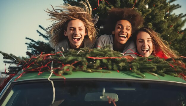 Young friends driving a Christmas tree for the New Year in a car