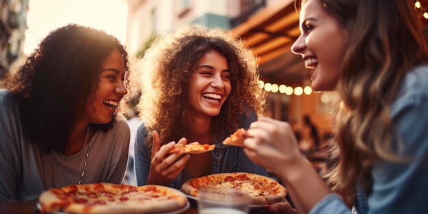 Foto giovani amici che mangiano pizza seduti in un ristorante