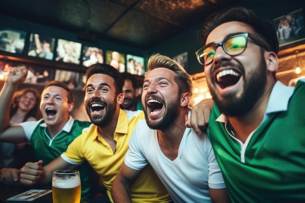 Young friends in green shirts with beer glasses and beards at a bar looking happy at soccer games