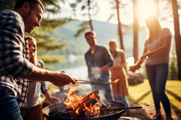 Young friends having barbecue party outdoors