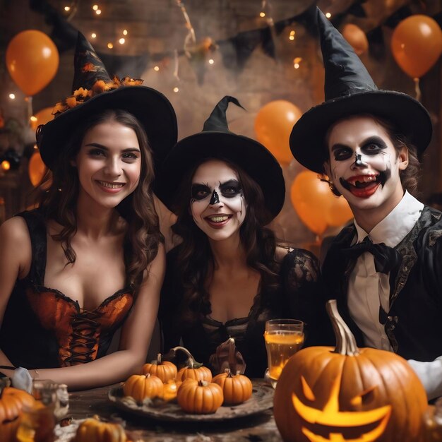 写真 若い友達がハロウィーンパーティーで楽しんでいます