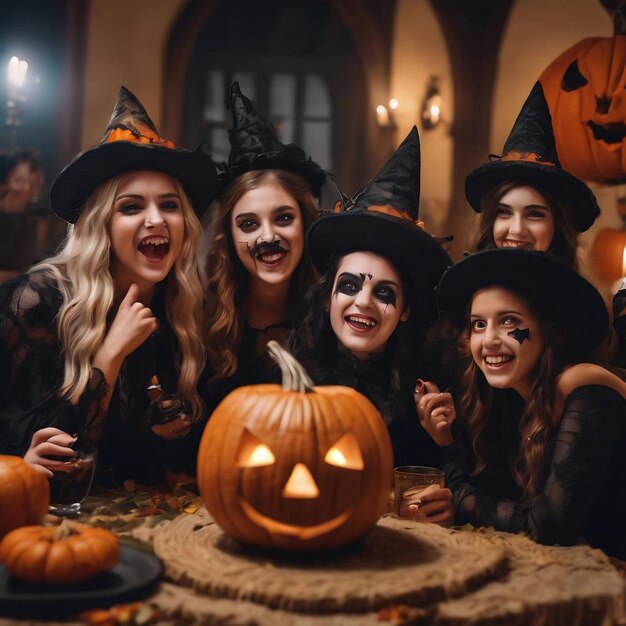 Young friends having fun at halloween party