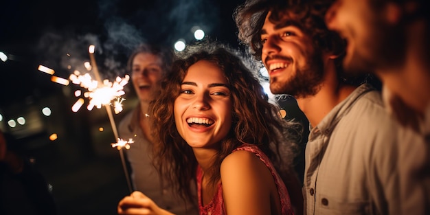 Young friends holding sparklers at a party