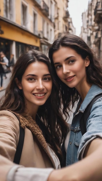 Young friends taking selfie on street