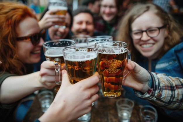 写真 若い友達がロンドンのパブで乾杯し笑う