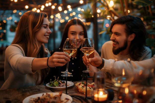 Young Friends Toasting Wine at Restaurant Pub Happy Moment