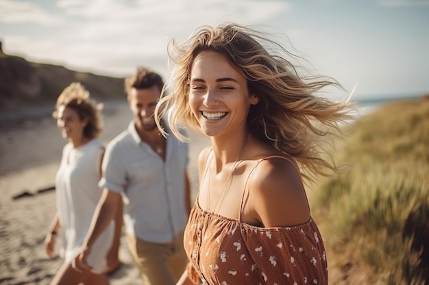 Young friends walking along a beach during summertime