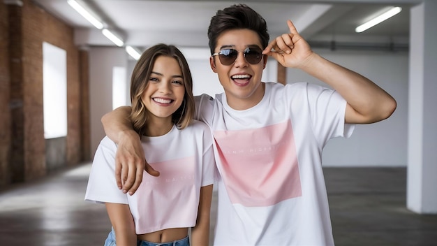 Young fun couple two friends guy girl in white pink empty blank design t shirts posing