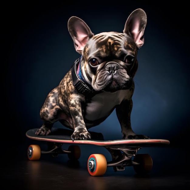 a young funny French bulldog stands on a skateboard and looks at the camera A dog rides a skateboard