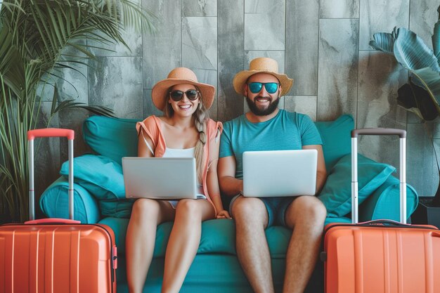 Photo young funny happy smiling hispanic couple travelers sitting on sofa at home booking tickets online