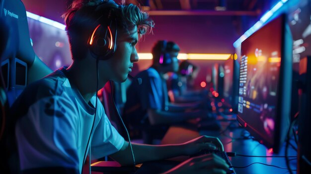 Photo young gamer playing video games at a gaming center he is wearing headphones and looking at the computer screen