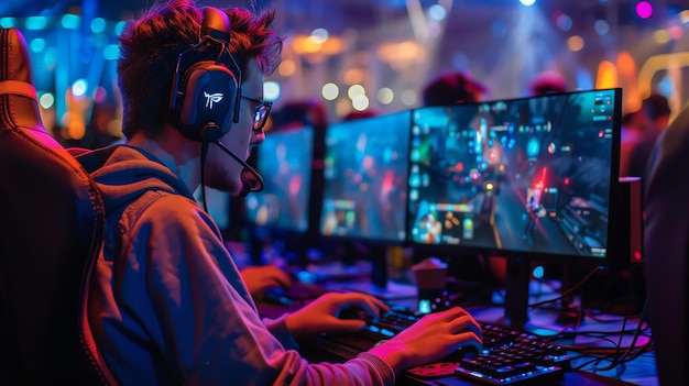 Photo young gamer playing video games at a professional tournament he is wearing headphones and a microphone and is focused on the game