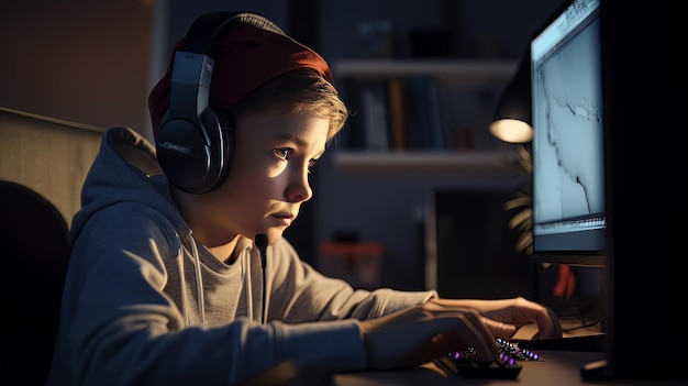 Photo young gamer sat at a desk playing a video game generative ai