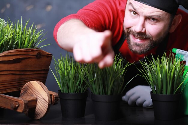 A young gardener cares for seedlings and cuts flowers.Gardener with a flower tray. Man who takes care of planting seedlings in the spring.