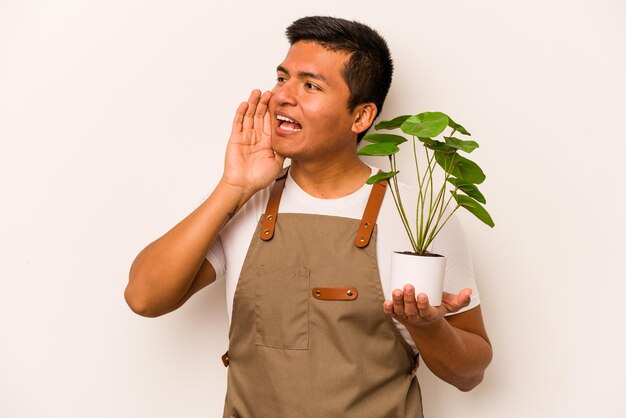 開いた口の近くで叫び、手のひらを保持している白い背景で隔離の植物を保持している若い庭師ヒスパニック男