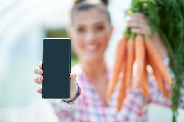 Young gardener woman with carrots in greenhouse