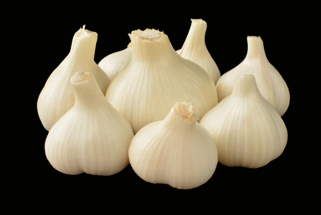 Young garlic closeup on a black background. Front view, insulators