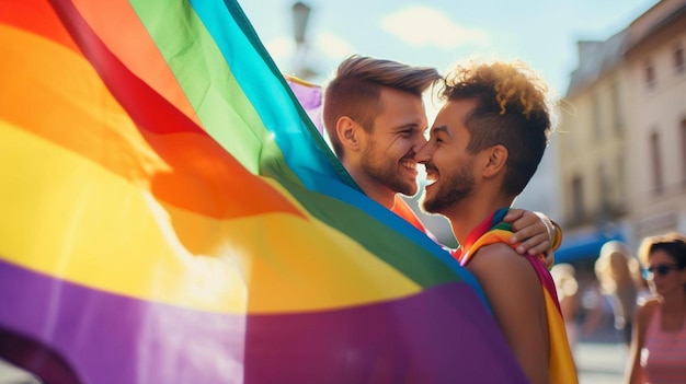 young gay couple holding lgbt rainbow flag outdoor at pride parade